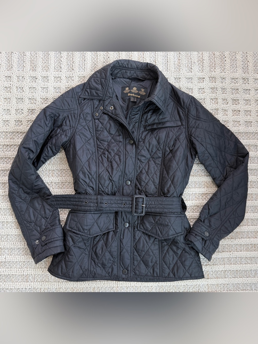Barbour Jacket Womens size 6 Black Quilted Belted